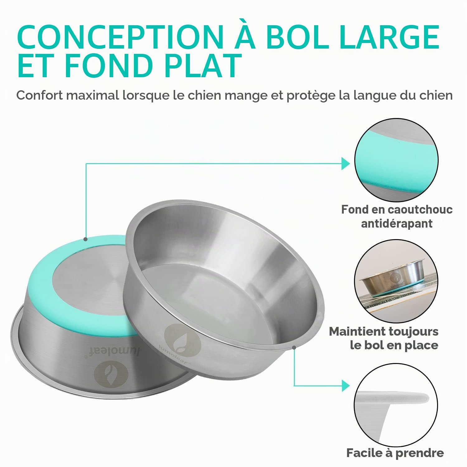 LumoLeaf Gamelle pour chien en acier inoxydable - Grand diamètre : 26 cm - 2 gamelles de 3000 ml avec fond en silicone antidérapant - Gamelle en métal pour chiens de grande taille et moyenne - Passe