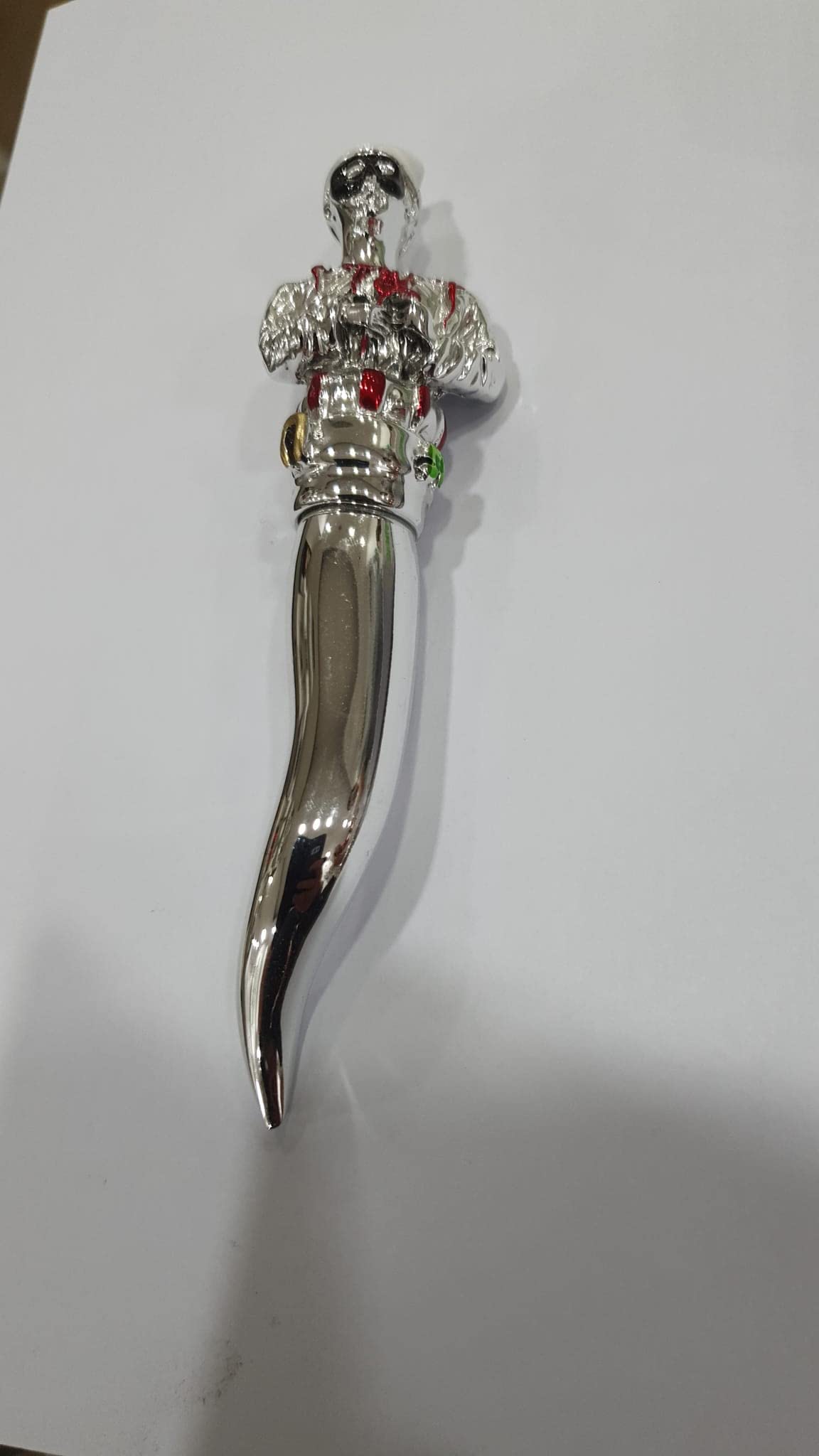 1 FERMACARTE PUCINELLA CORNO alta 16 cm in resina ricoperta di sottile lamina argento PORTAFORTUNA CON SCATOLA PER CONFEZIONE REGALO amuleti napoletani + 1 portachiavi omaggio fg