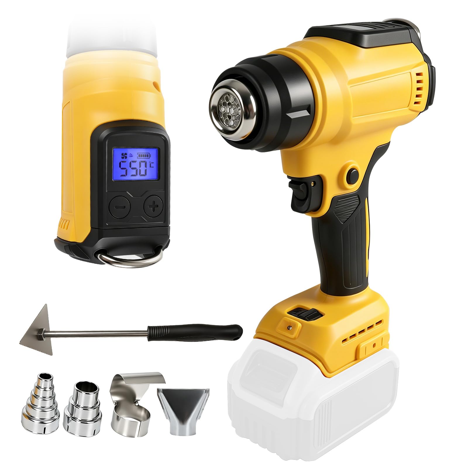 Pistola de calor inalámbrica compatible con Dewalt 18/20V con 4 boquillas, 1 raspador, pistola de calor de 300 W y 550 °C con pantalla LED para manualidades, tubos termorretráctiles, resina y