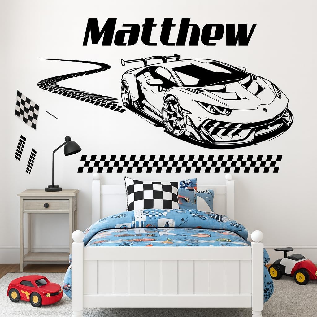 Custom Name Racing Car Wall Decal – Personalized Boys Bedroom Decor – Sports Car Vinyl Wall Sticker with Checkered Flags – Kids Room Racing Theme Decoration Gift