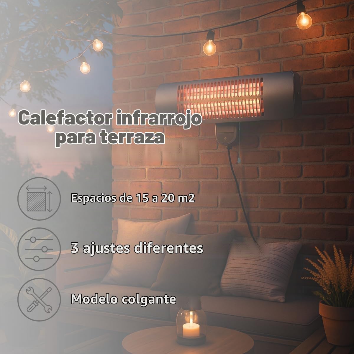 alpina Calefactor por infrarrojos - colgante para terraza 2000 W - 3 niveles de calefacción - para terraza protegido contra salpicaduras IP34 con lámpara de infrarrojos
