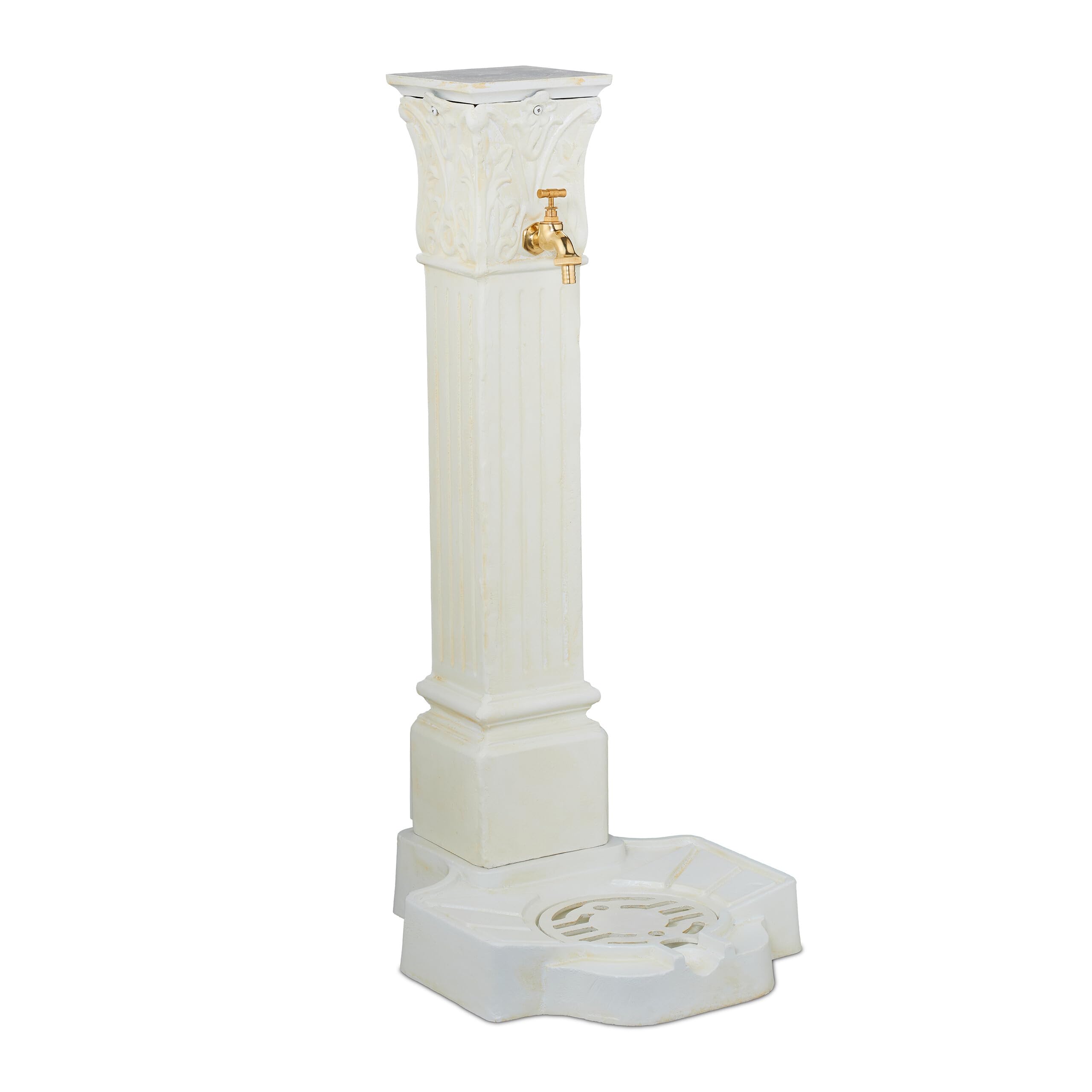 Relaxdays Column Fountain, Garden Water Featue, with Tap & Basin, HxWxD: 93 x 47 x 38 cm, Standing Patio Ornament, White, Brass, Aluminium