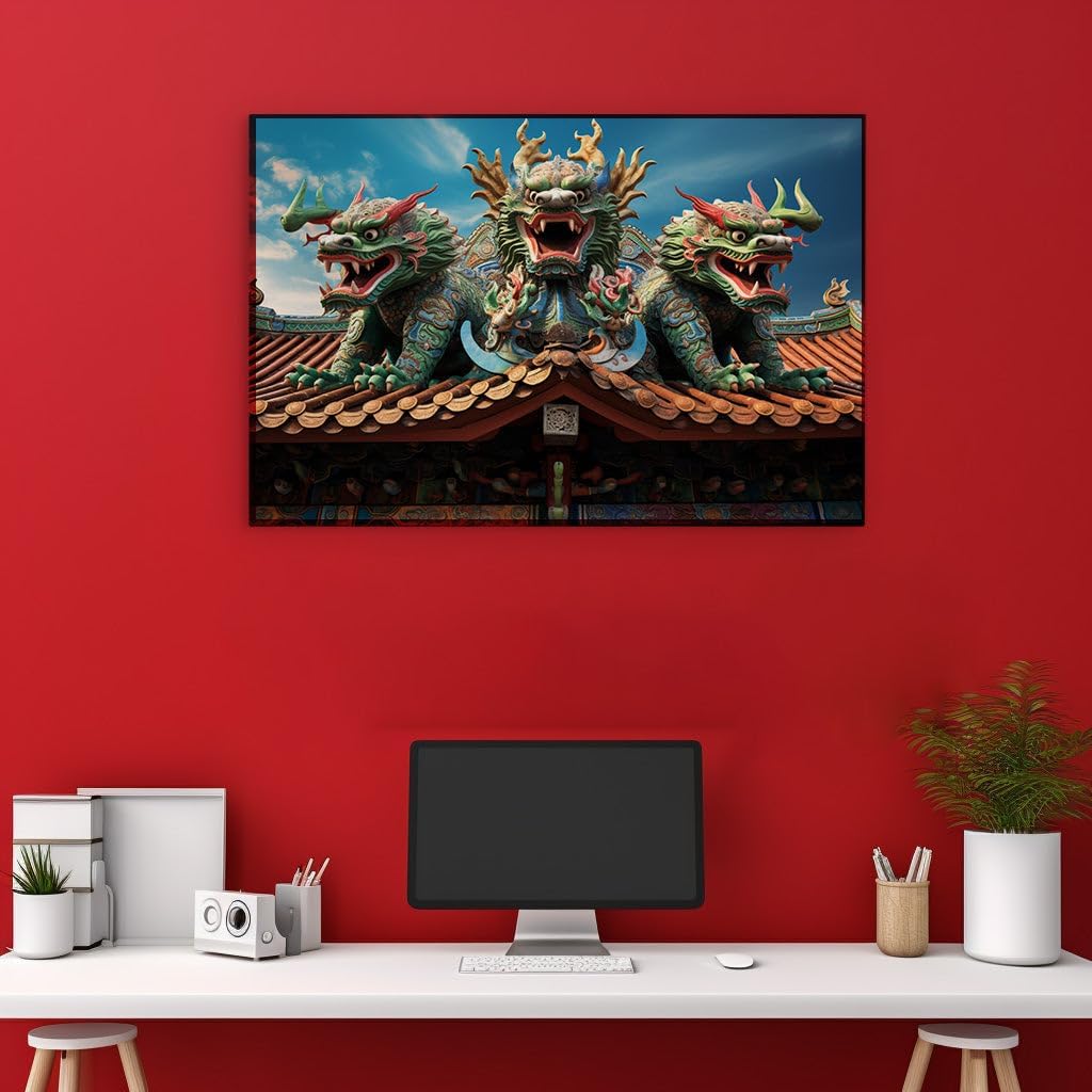 Canvas for Living room. Dragons Atop The Temple: Unveiling the Majesty of Chinese Roof Artistry, 27 x 18 inch Canvas Wall Art - Ready to Hang - 69x46 cm (27x18 inch)