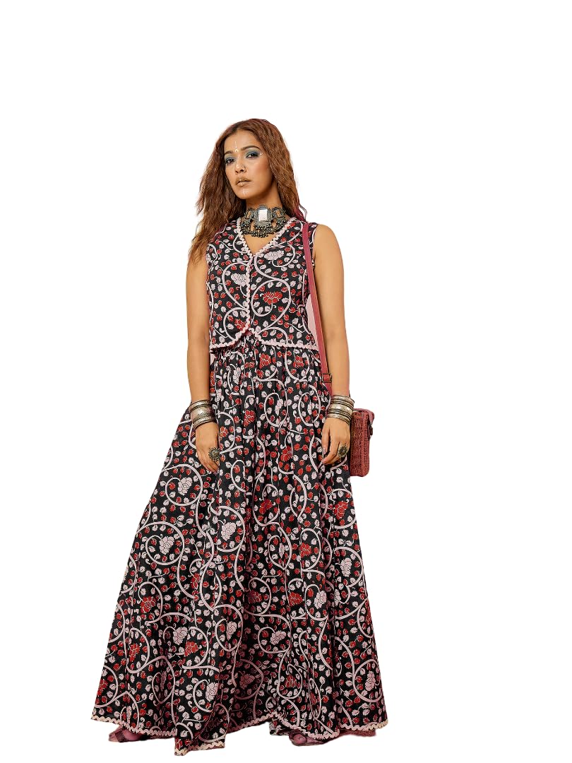 Women Black Cotton Lace detailing Waistcoat with Skirt Co-ord Set