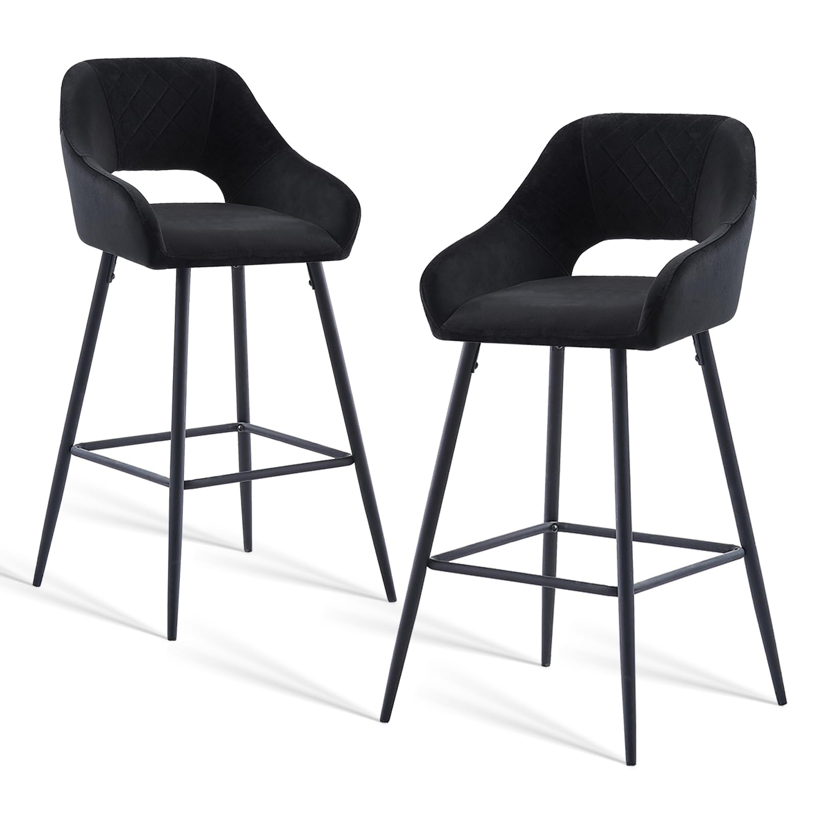 JaHECOME Bar Stools Set of 2 Black Velvet Padded with Footrest Armrest Kitchen High Stools Supported Black Metal Legs for Breakfast Bar, Counter, Kitchen and Home