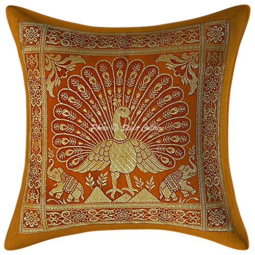 Stylo Culture Ethnico Fundas De Cojines Decorativos 30x30 cm Brocado De Seda Pavo Real Fundas Almohadones Dormitorio Amarillo Mostaza Jacquard Cuadrado Cremallera Fundas para Cojines De Sofas   1 Pc