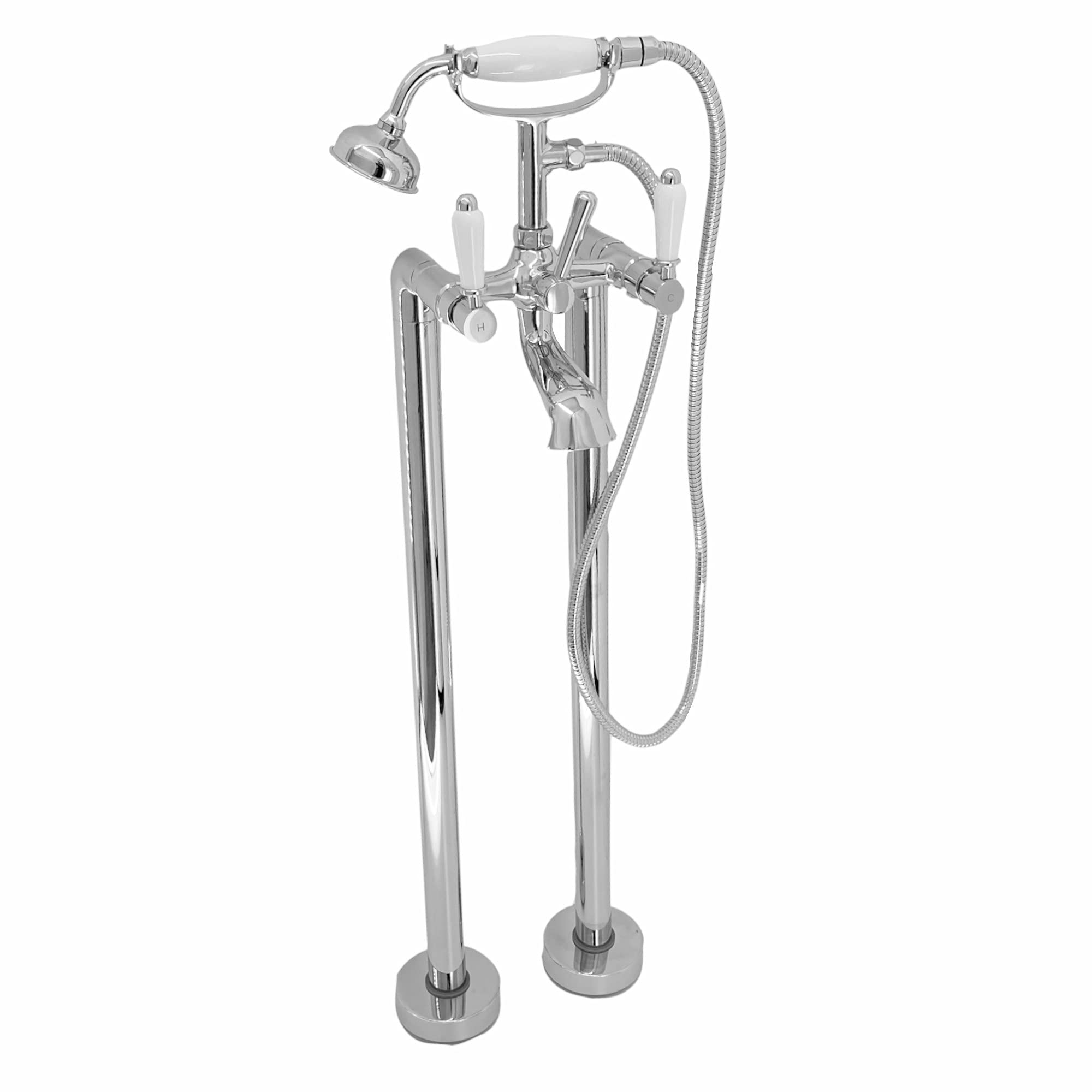 Enki Chrome Downton, Bt0509 Floorstanding Bath Shower Mixer Tap With White Ceramic Levers