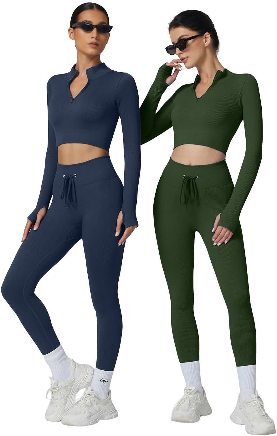 QINSEN Workout Sets for Women 2 Piece Seamless Long Sleeve Crop Tops Ribbed High Waist Leggings - Image 6