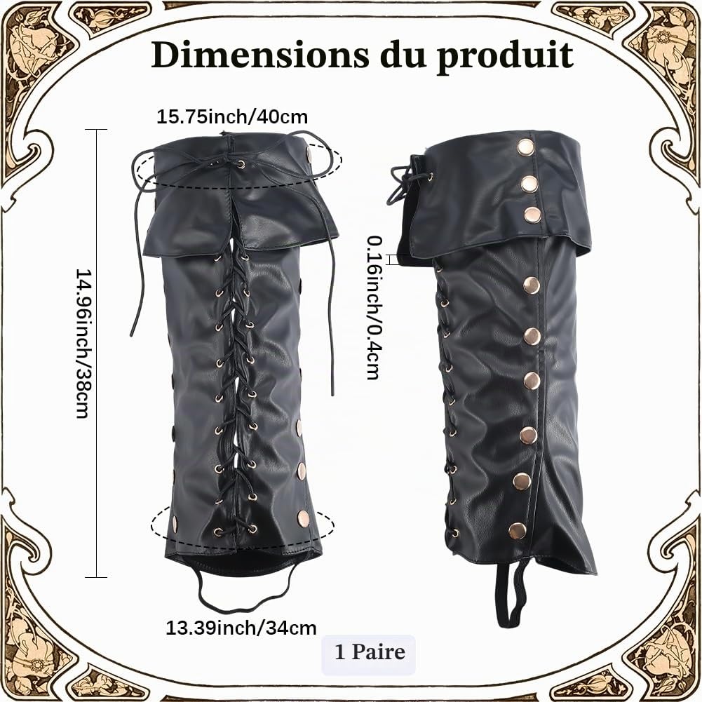 GORGECRAFT 2 Couvre Bottes Médiévales en Cuir PU Noir Protège Jambes en Similicuir Guêtres de Pirate Vintage Renaissance Accessoires de Costume pour Halloween Carnaval Guerrier Cosplay