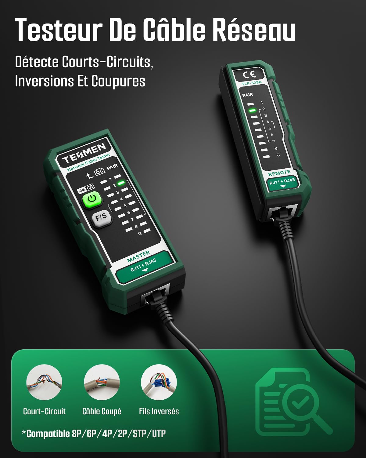 TESMEN TLP-528A Testeur de câbles réseau pour RJ11 et RJ45, Continuité & QC, testeur Ethernet LAN/TEL, pour CAT5/CAT6/CAT7, idéal pour maintenance des câbles – Vert