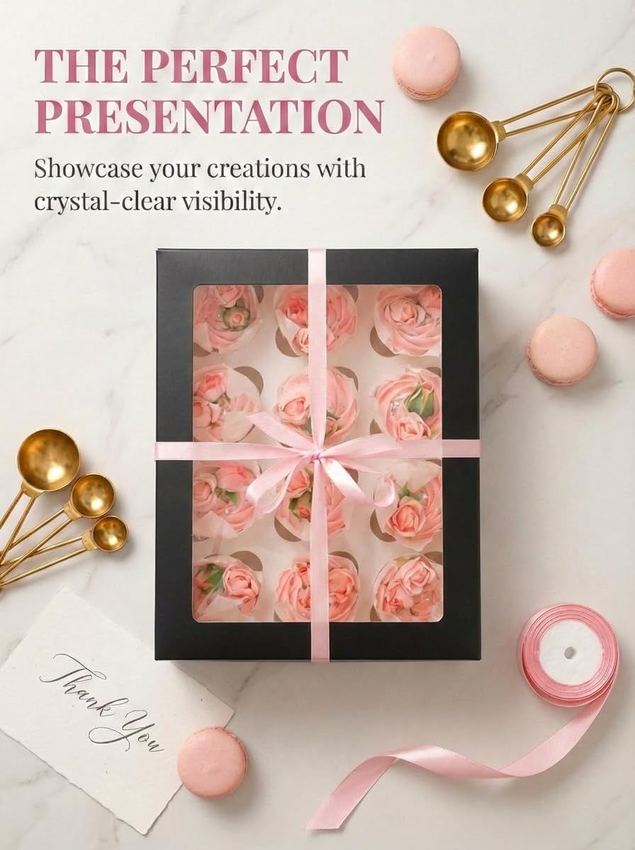 Gcardist Confezione da 12 scatole per cupcake pop-up automatiche con finestra - Nero - 33 x 25,4 x 9 cm - Scatole da forno per cupcake, scatole per cupcake (13 x 10 x 3,5 pollici)