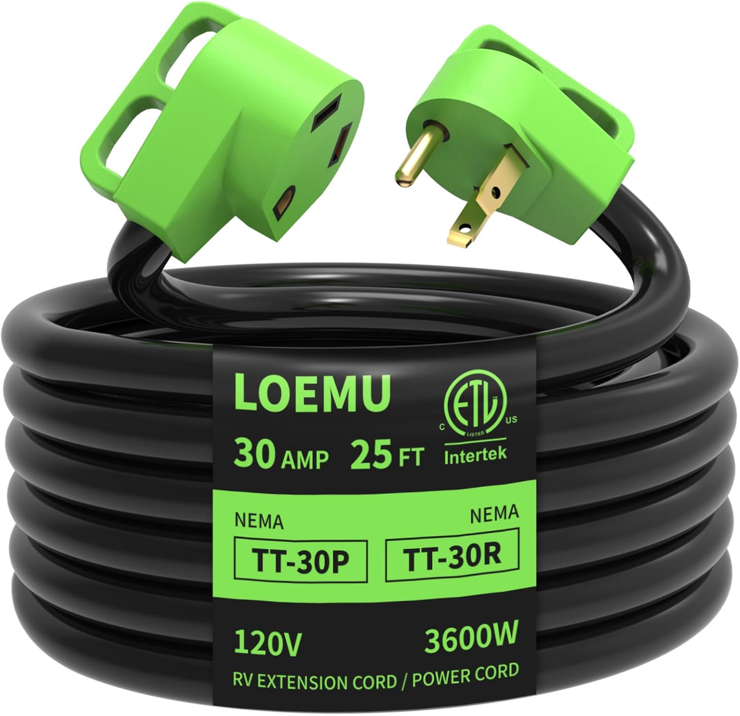 30 Amp RV Extension Cord 15 FT, NEMA TT-30P/R Plug with Grip Handle, 3750W Heavy Duty 3x10 Gauge Power Cord for RVs/Campers/Travel Trailers