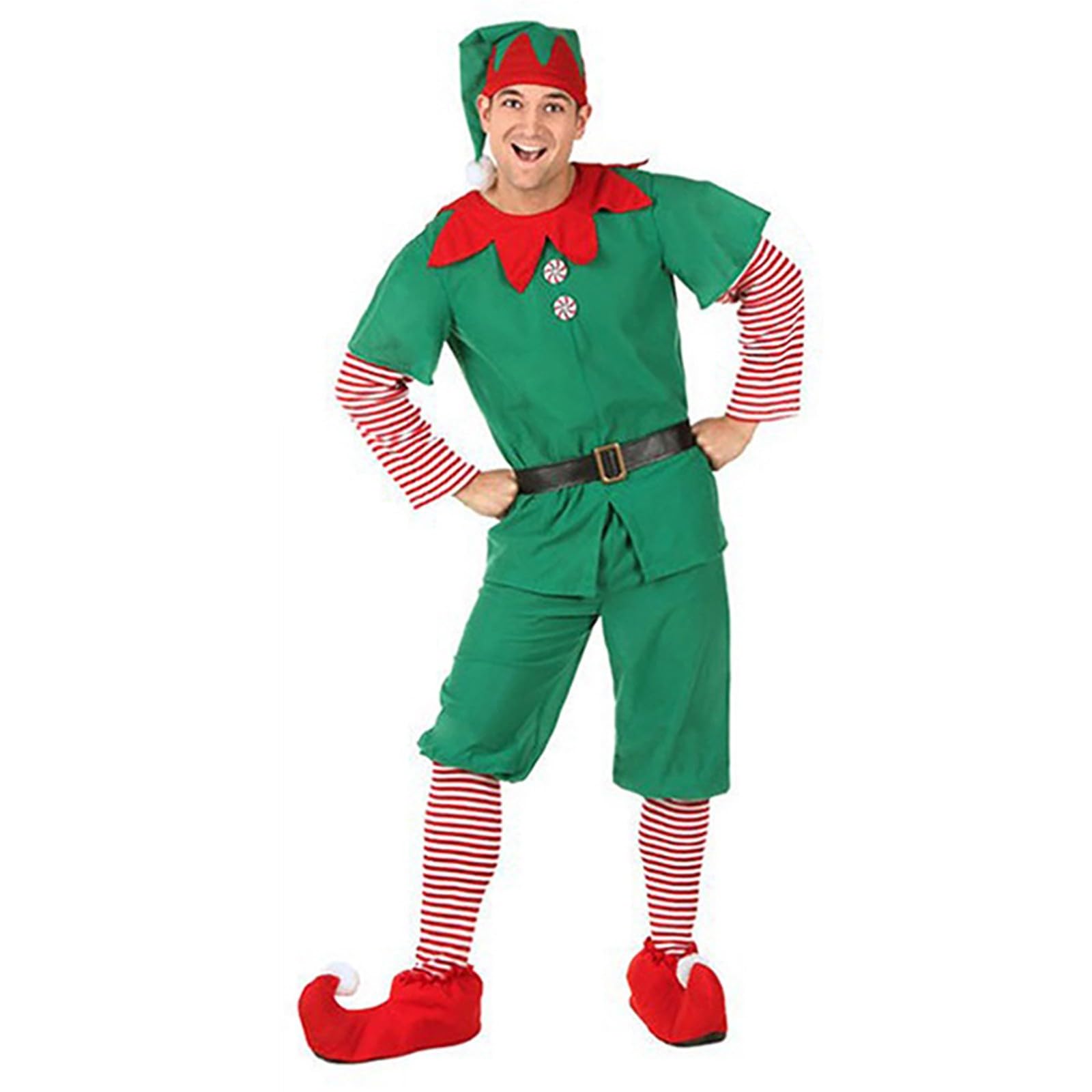 duaicnvow Elf Costume Women Men Christmas Elf Costume for Family Christmas Outfits Girls Boys Costumes Fancy Dress Short Sleeve Dress Pants over the Kneel with Hat Belt and Socks