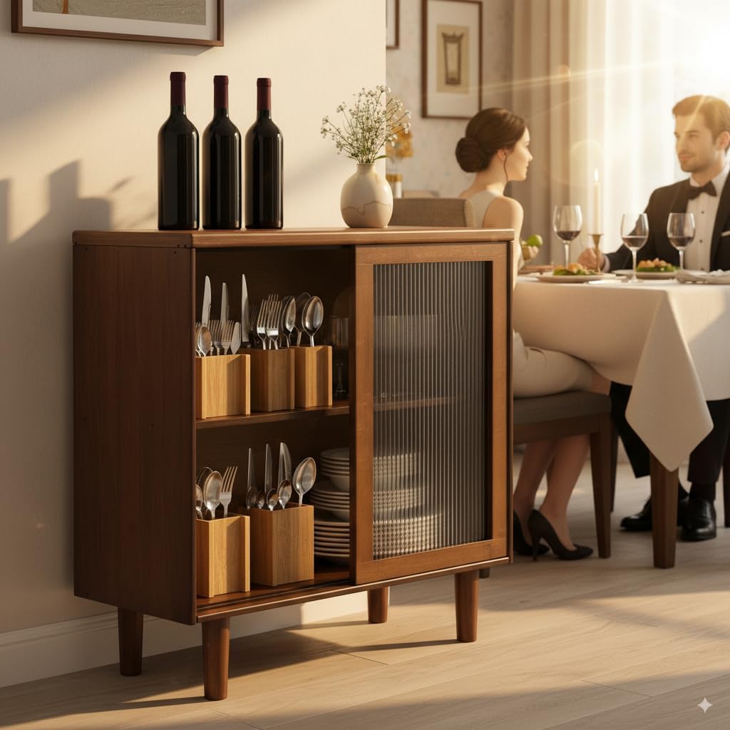 Tiita Bamboo Sideboard Buffet Cabinet, Rattan Kitchen Storage Cabinet, Boho Coffee Bar Tables for Kitchen Living Room Hallway Office, Walnut