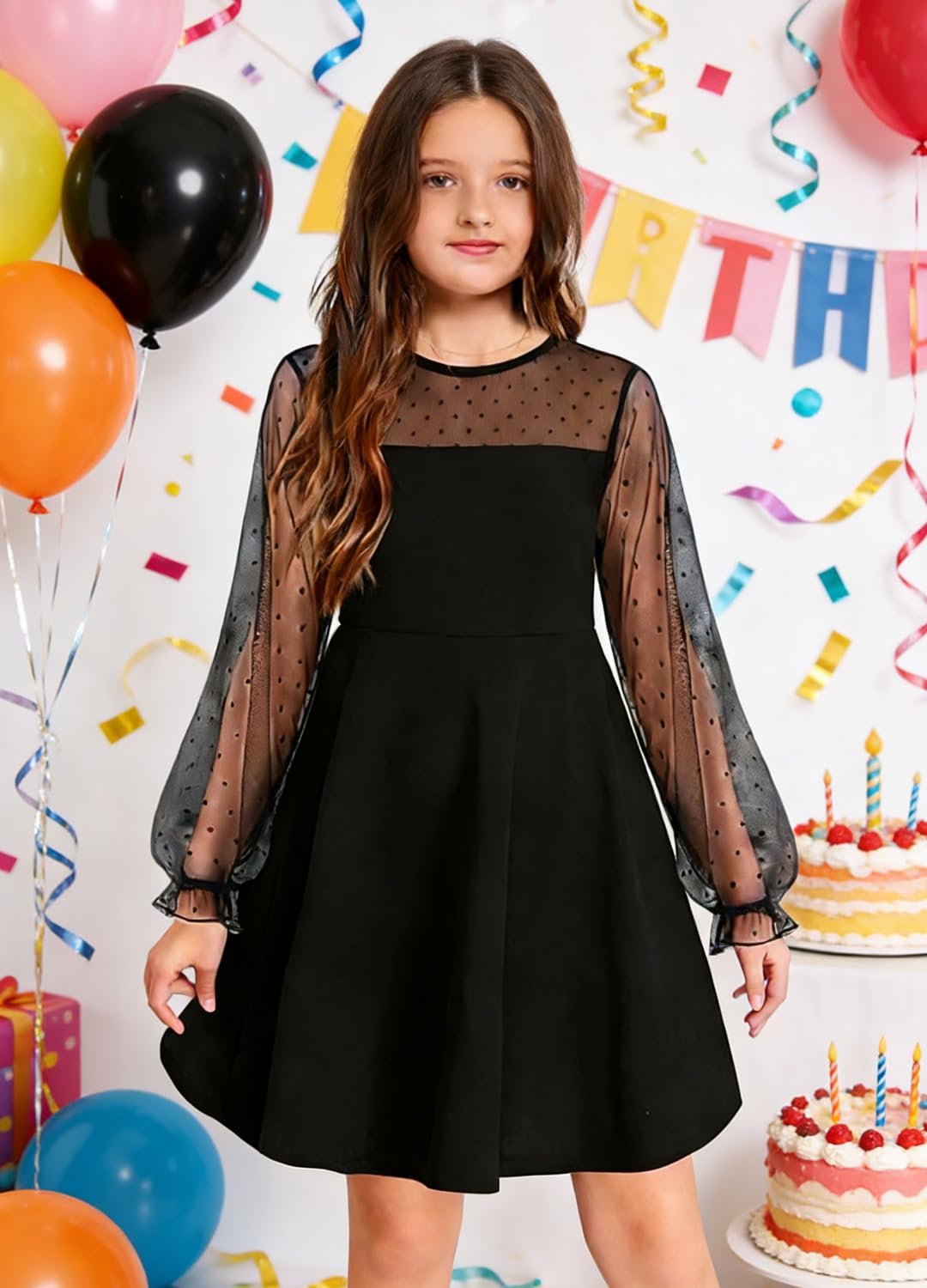 Long Sleeve Girl's Contrast Mesh Puff High Waist A Line Short Dress - Image 3