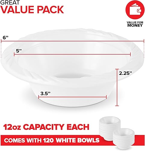 Miniatura 2 de Stock Your Home Paquete de 120 cuencos elegantes de plástico blanco de 12 onzas para fiestas, tazón pequeño desechable para cenas o cócteles, sopa y