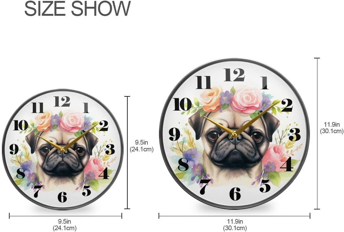 ALAZA Pug Dog Puppy Wall Clock Battery Operated Silent Non Ticking Clocks for Living Room Decor 12 Inch / 9.5 Inch