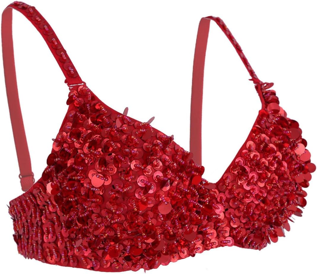 Linjinx Womens Sparkle Sequins Beading Padded Bra Belly Dance Crop Top Rave Party Performance Costume