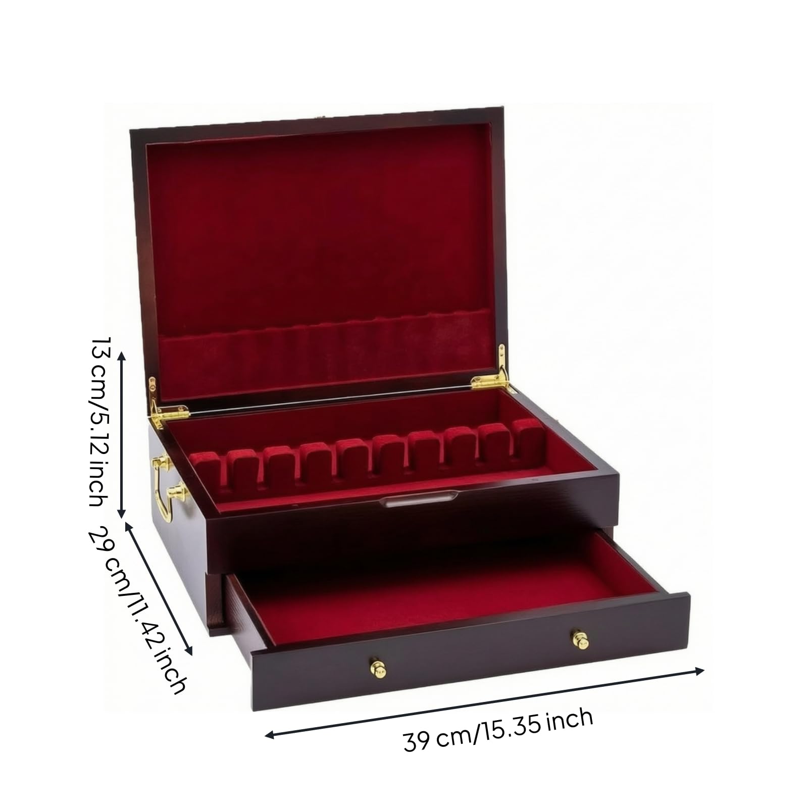 Baoblaze Caja para Cubiertos de Madera Organizador de Cubiertos para Cubertería Estuche para Platería con Interior Aterciopelado y Ranuras Ordenadas Adecuada para Comedor Regalo, 39 29 13cm