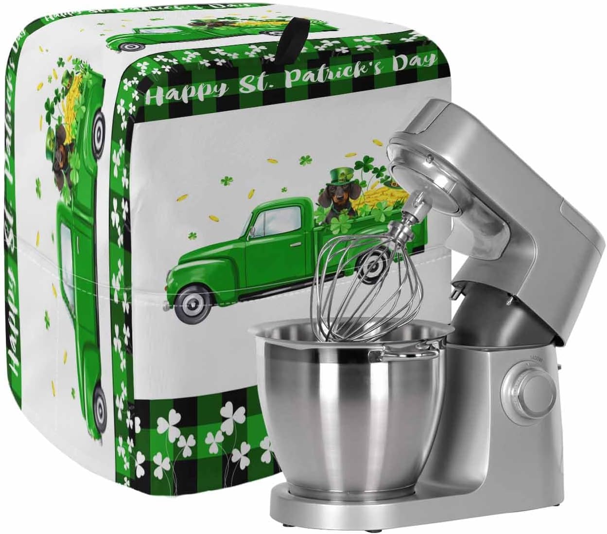 St. Patrick's Day Stand Mixer Cover with Storage Pocket, Waterproof Kitchen Mixer Covers, Spring Dogs Grass Truck Plaid Wood Kitchen Appliance Dust Cover Compatible with 5-8 Quart Mixers