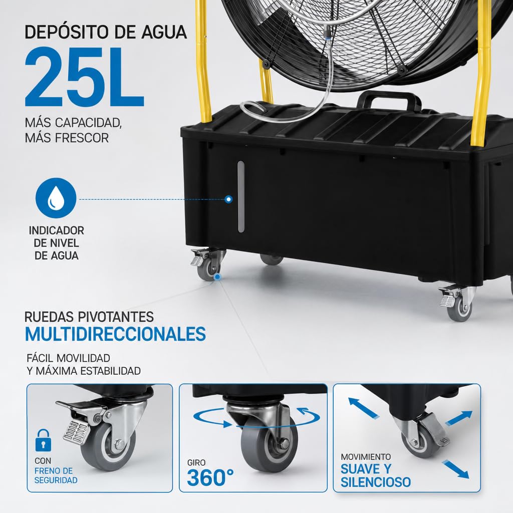 Ventilador Industrial Nebulizador de Pie con Depósito de Agua 25L, Motor 300W, 3 Aspas, 3 Velocidades, Diámetro 65 cm, Flujo 9870 m³/h, Cabezal Orientable, Ruedas Multidireccionales