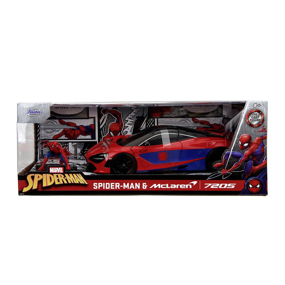 Jada Toys Marvel Auto McLaren 720S (19 cm) con personaggio Spider-Man (5 cm) - Modellino auto con parti apribili, set di giocattoli in metallo per fan e bambini dagli 8 anni in su