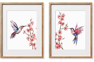 Minimalist Sakura Cherry Blossom Wall Art: Modern Watercolor Hummingbird Decor