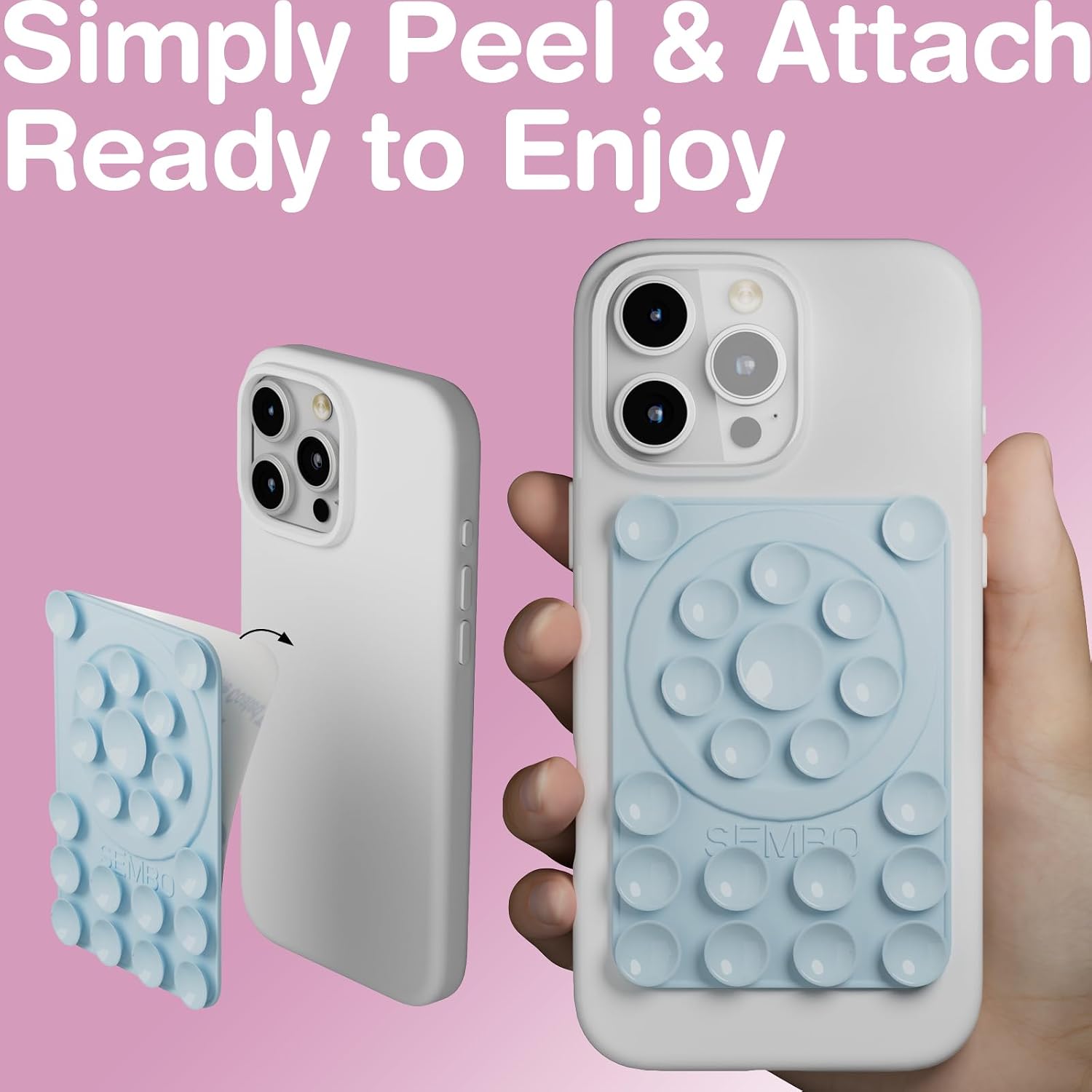 SEMBO UniSuction™ Removable & Restickable Silicone Suction Sticky Phone Grip with Reusable Nano Gel Mounting Tape with Built-in Magnet Ring, 2.44x3.47'', for iPhone, Hands-Free Selfie/Video (Blue) image 2