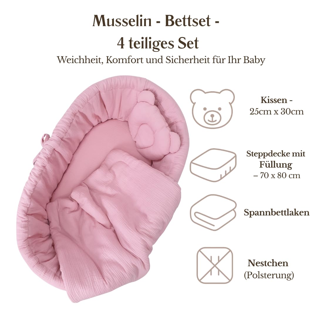 Wiklinopol Stubenwagen aus Weide mit Gestell & Matratze Amelia – Moseskorb in Grau – Set Musselin-Bettwäsche in Rosa – Weidenkorb, Tragbar, Ideal für Neugeborene