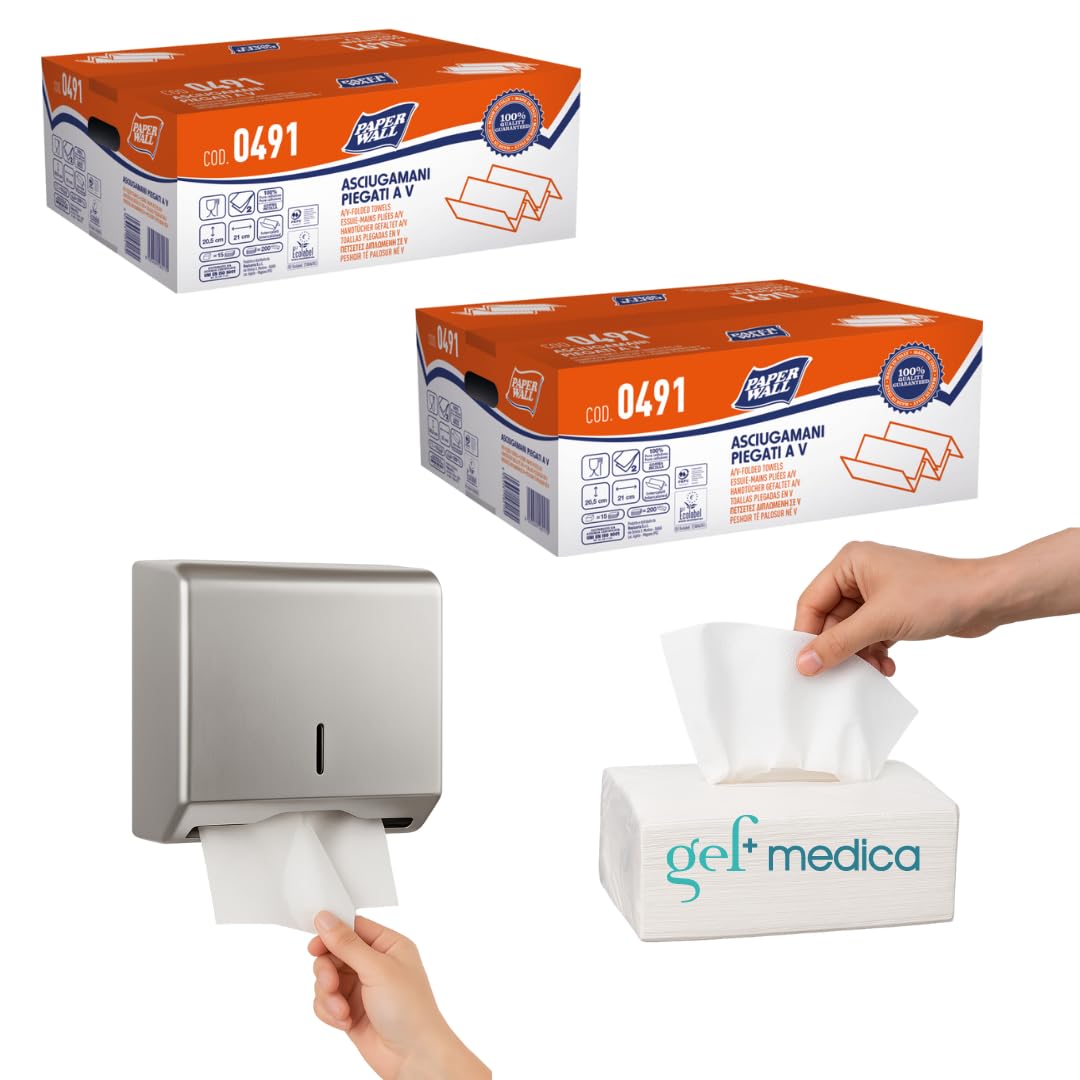 gef + medica Asciugamani Piegati a V 2 Veli in Pura Cellulosa, 200 fogli x 15 confezioni (3.000 fogli) - Compatibili Dispenser a Muro, Prelievo Facile dal Pacchetto, Confezione da 2