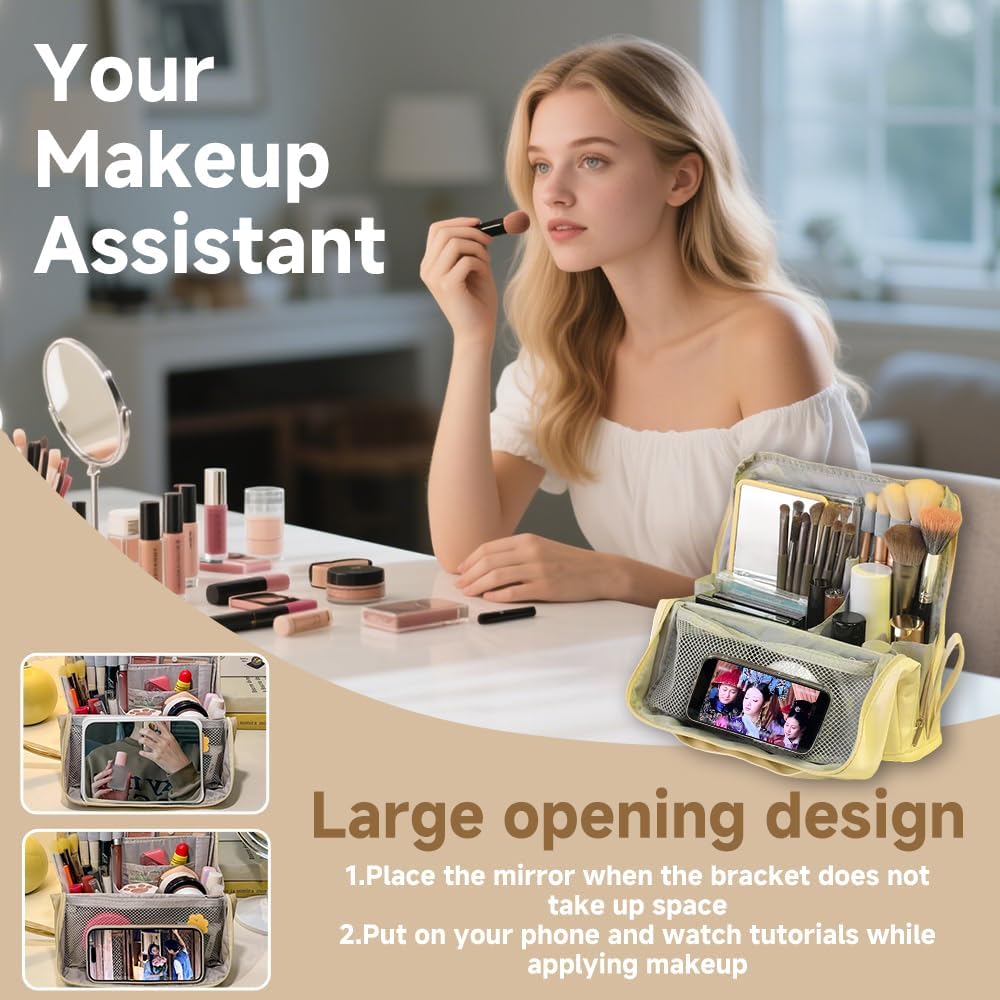 standing makeup bag, Women's Large Capacity Foldable Magnetic Travel Makeup Storage Bag, waterproof pu leather Portable Open makeup bag with dividers,black - Image 5