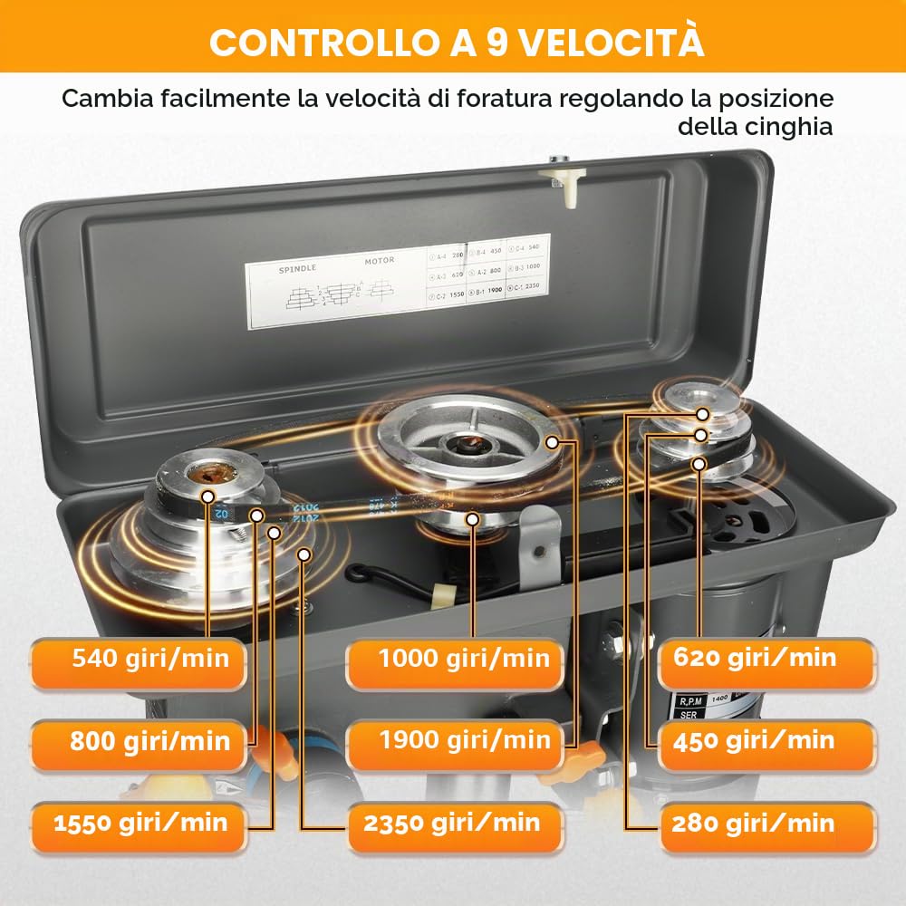 Hoteche Trapano da tavolo con supporto da 500 W, 230 V, 9 velocità da 280 a 2350 giri/min, diametro massimo di foratura 16 mm, 50 mm, distanza mandrino MT2, ideale per lavori di perforazione precisi,