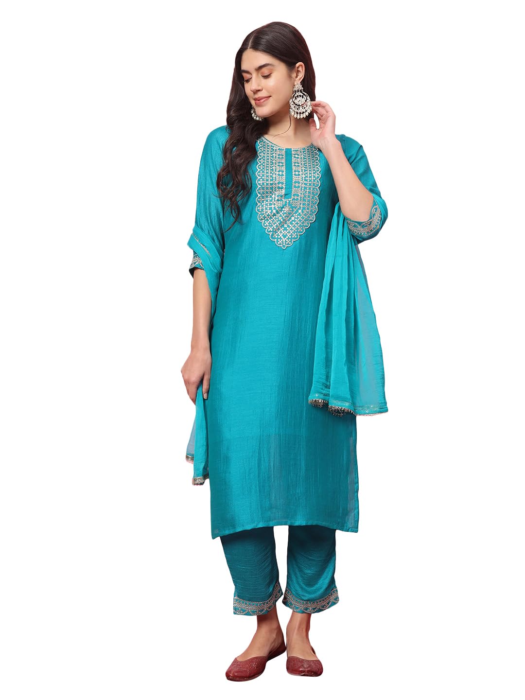 VredeVogel Women's Silk Blend Embroidered Kurta with Pant & Nazmin Border Lace Dupatta Set