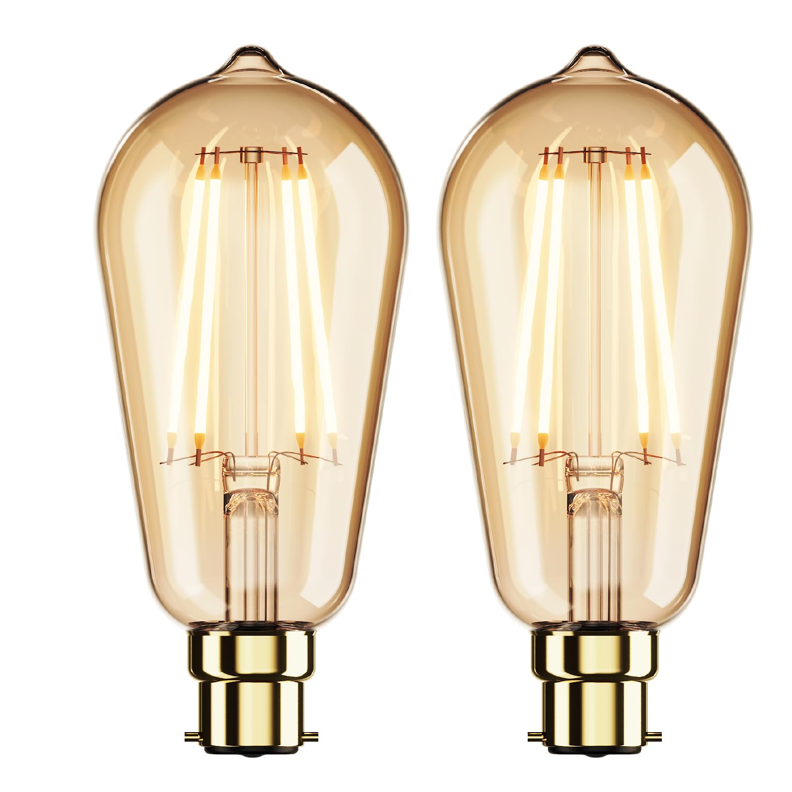 ST64 Vintage LED Filament Bulbs B22 Bayonet Cap, 5W Equivalent 40W 2200K Warm White, Non-Dimmable Flicker-Free Amber Glass Bayonet Light Bulb, High CRI >90, 600LM, Pack of 2 for UK Home Lighting