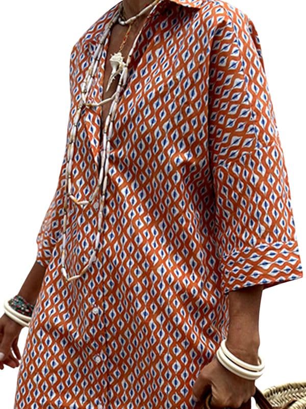 utcoco Women's Lapel 3/4 Sleeve Button Down Split Belted Maxi Shirt Dress, Red Diamond, XL