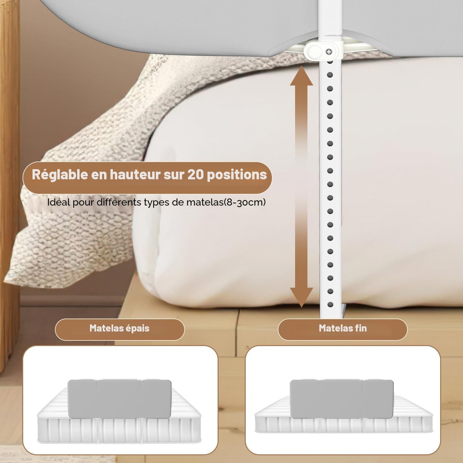 Eulenke - Barrière de lit - Réglable en hauteur - 150 cm - Protection anti-chute - Pliable - Barrière de protection de lit pour enfant - Portable - Installation simple - Gris