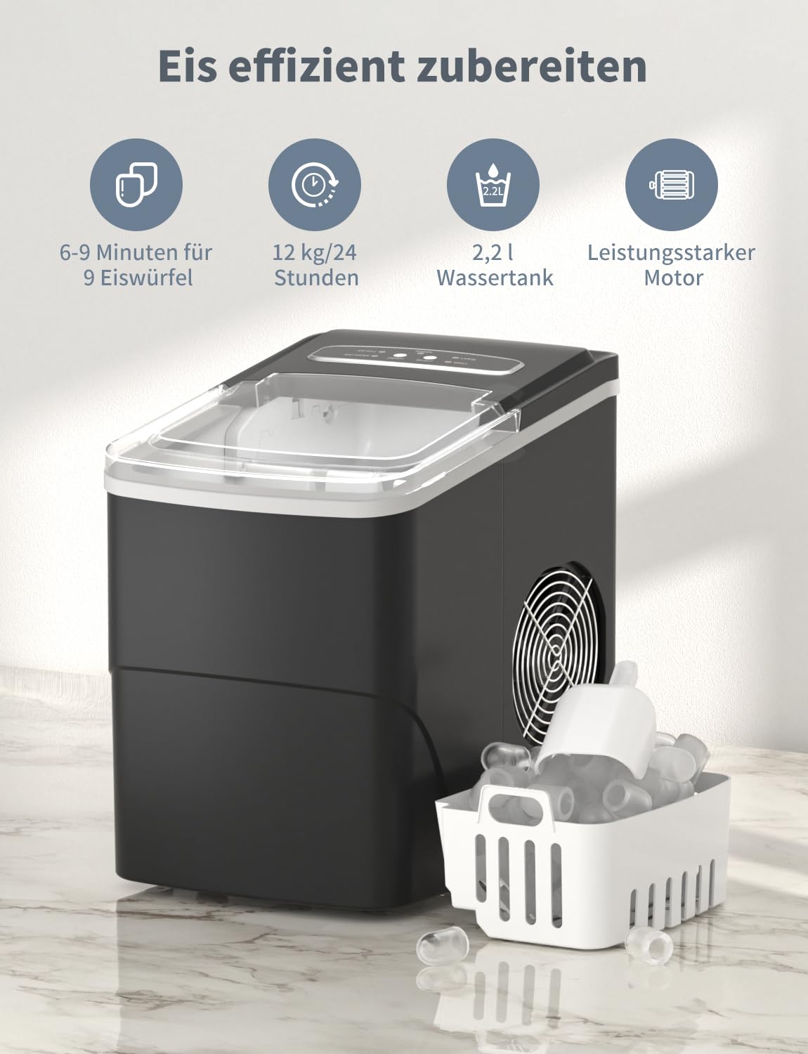 Eiswürfelmaschine, 12 kg in 24 Stunden, 9 Eiswürfel in 6 – 8 Minuten, automatisch, kompakt, tragbar, für Zuhause/Küche/Bar