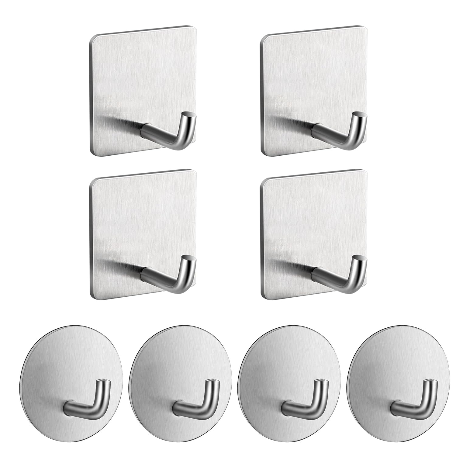 Xmnivate Silver 4 Pieces Of Square Self-Adhesive Hooks, 4 Pieces Of Round Self-Adhesive Hooks, Bathroom Towel Sticky Hooks, Kitchen Utensils Hooks, Sticky Door Hooks