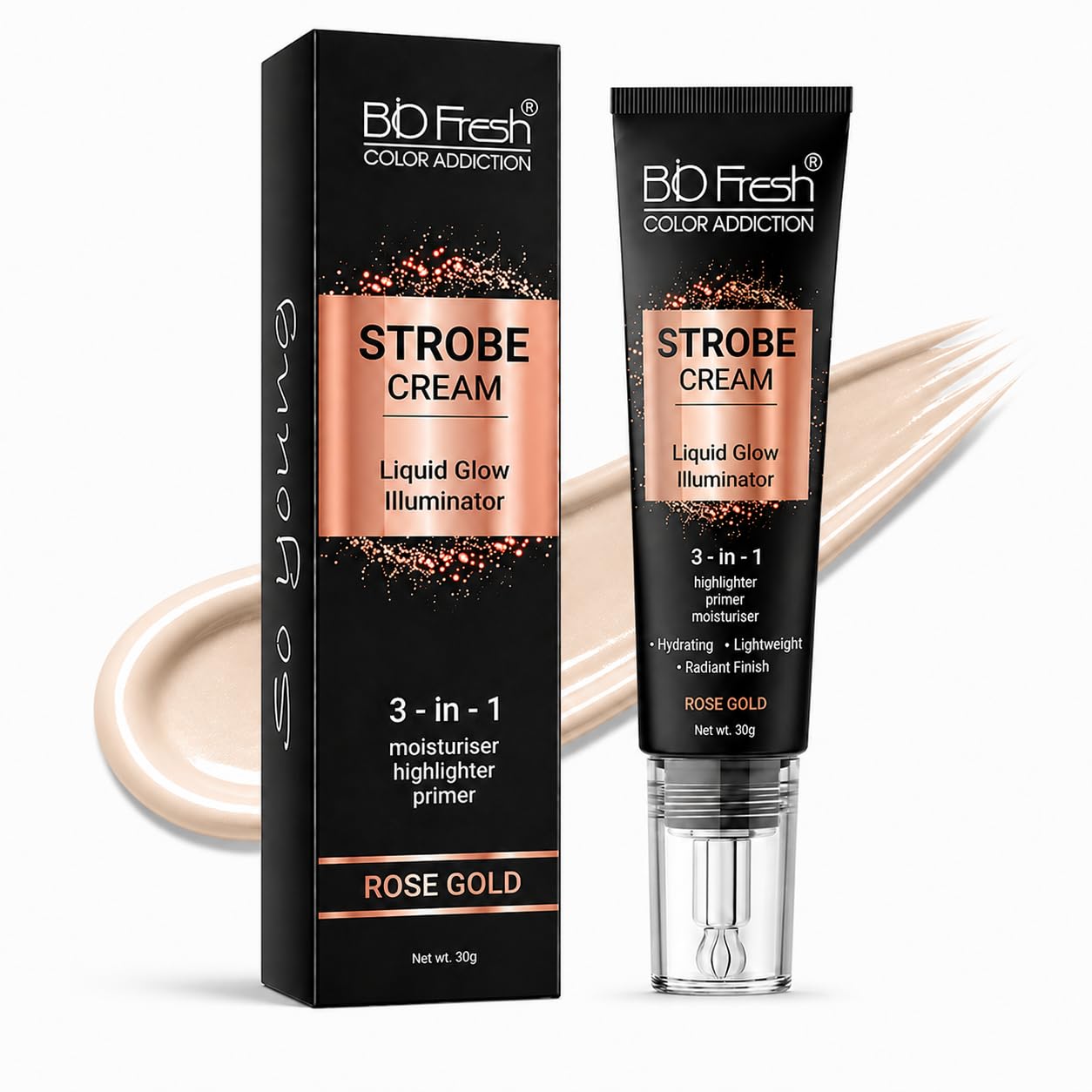 bio fresh radiant base strobe cream rose gold glow – face illuminator, glow primer & liquid highlighter for makeup, dewy makeup base & skin glow enhancer