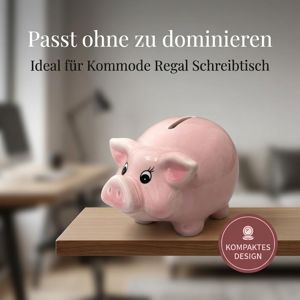 MIJOMA Keramik Sparschwein Rosa 13,5 x 8,5 cm – mit Gummistöpsel zum einfachen Entnehmen – dekorative Spardose für Erwachsene