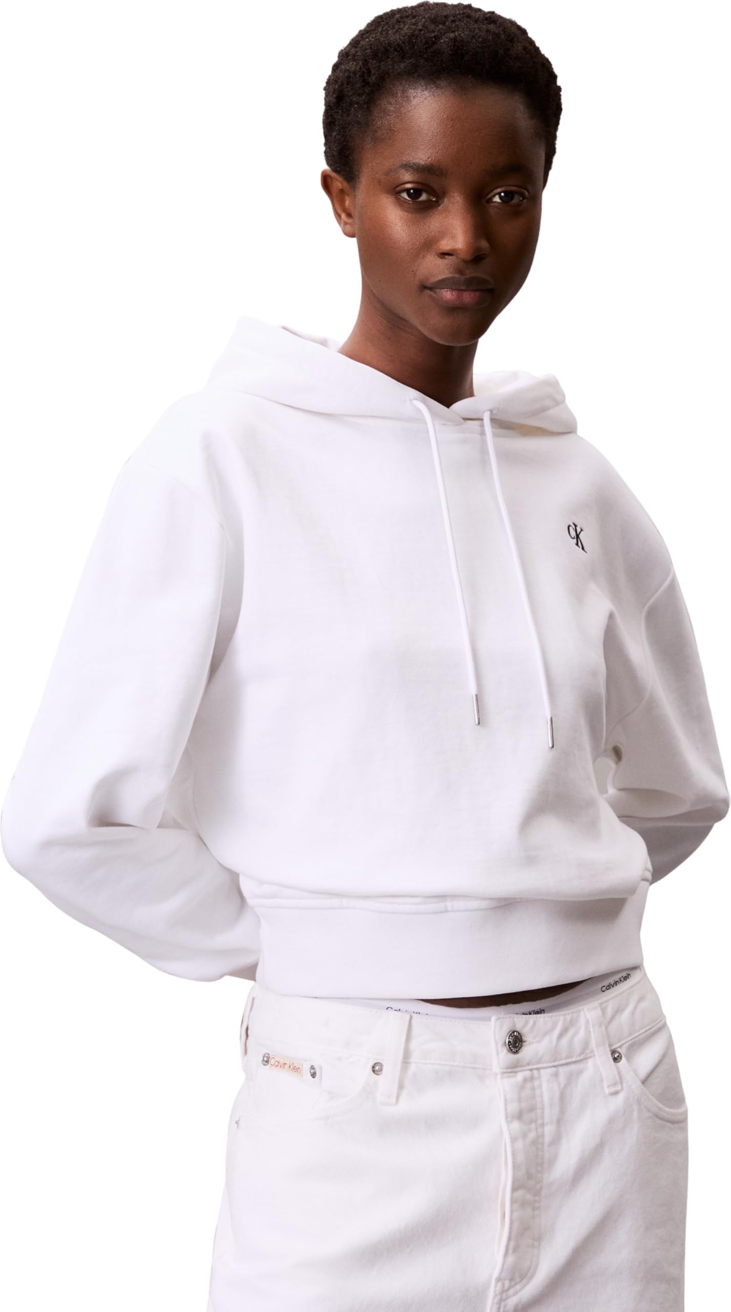 Calvin Klein Women’s Monogram Terry Hoodie with Logo, White (Brilliant White), XL