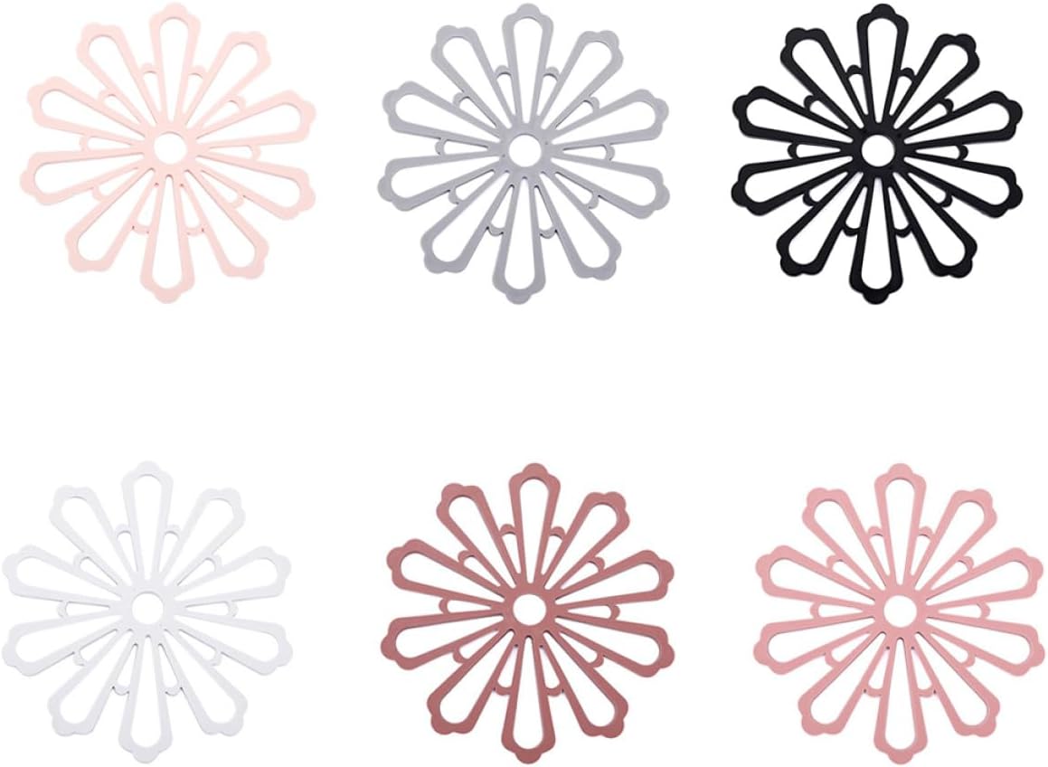 6pcs Flower Shaped Pot Mat Trivet Set, Heat Resistant Soft Silicone Table Coaster Pads for Kitchen, Hollow Out Floral Design for Hot Pot Insulation and Dining Table Protection