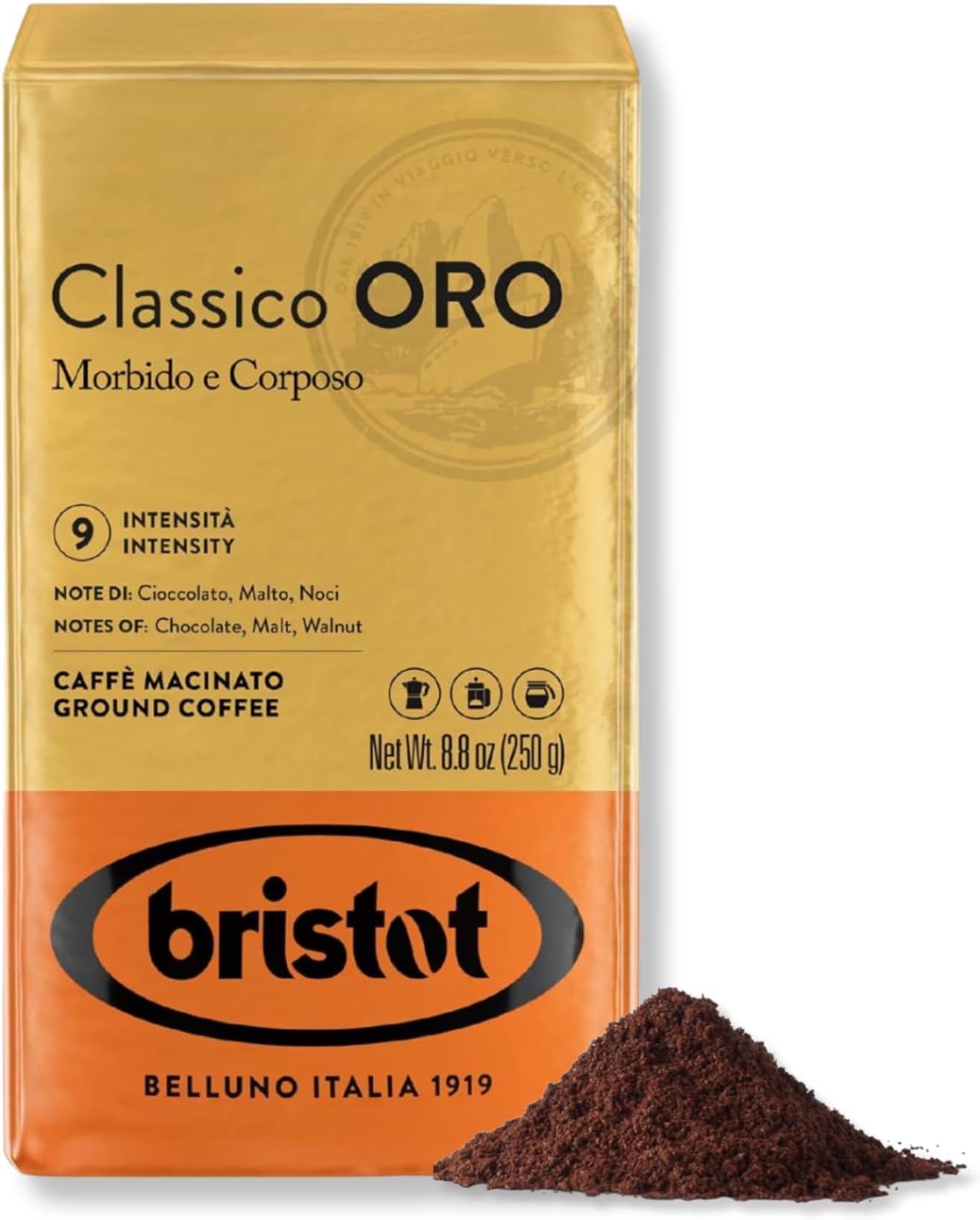 Bristot Classico Oro Italian Ground Espresso Brick โ Smooth & Full-Bodied โ Medium Roast โ For Moka, French Press & Pour Over โ 8.8 oz โ 250 g