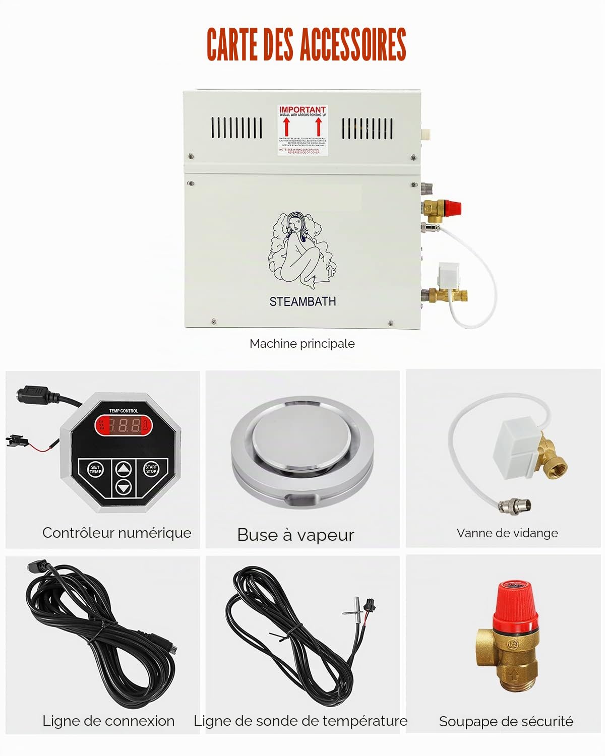 CGOLDENWALL 6 KW Générateur Vapeur Douche 220V pour Maison, pour Sauna/Douche/Bain/SPA, avec Drainage Automatique, Régulateur Digital à LED-Thermostat Automatique 35-55℃ pour un Espace de 6m³