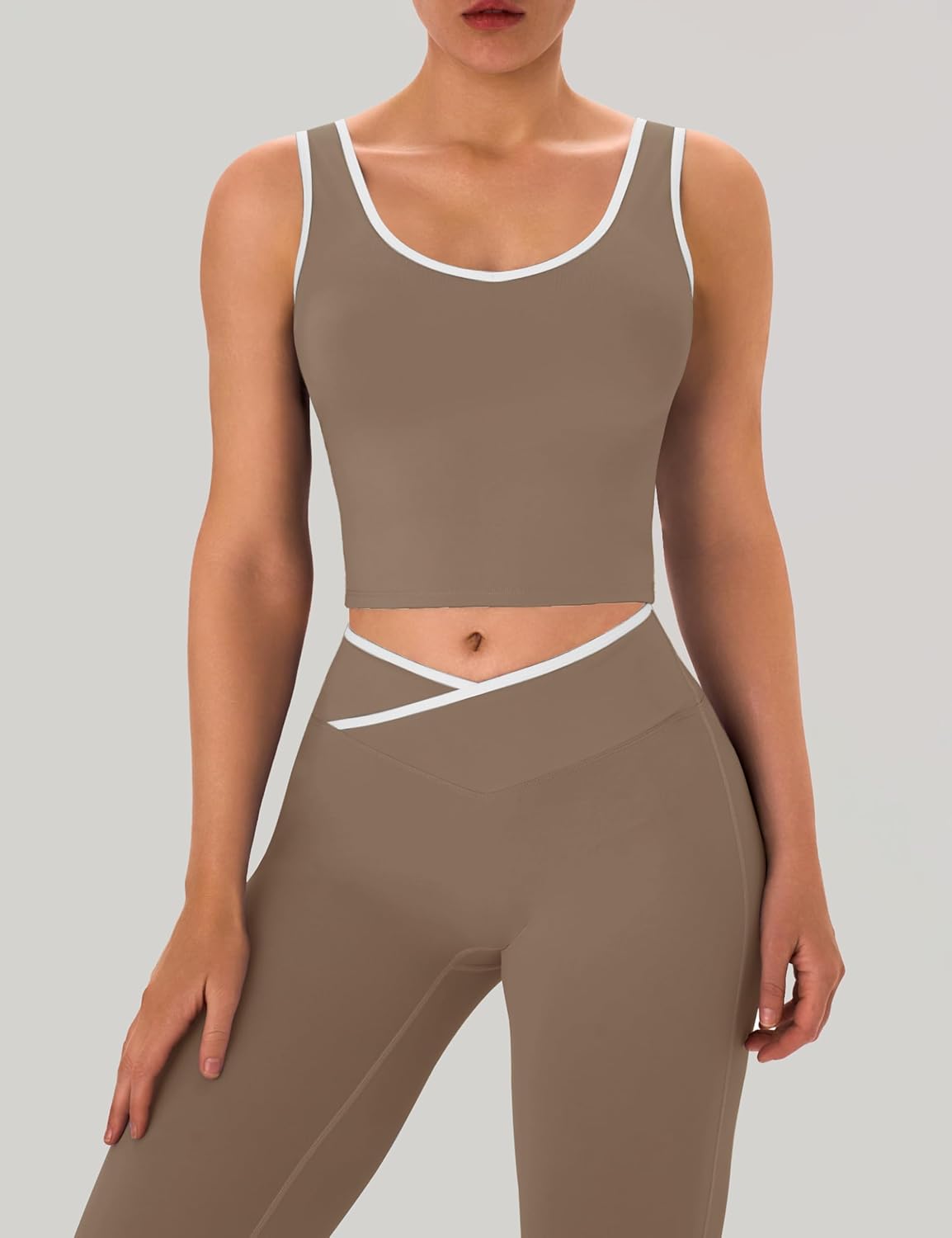 OLCHEE Womens Workout Sets 2 Piece Gym Yoga Outfits Crossover Flare Leggings Crop Tank Top with Contrast Trim - Image 6