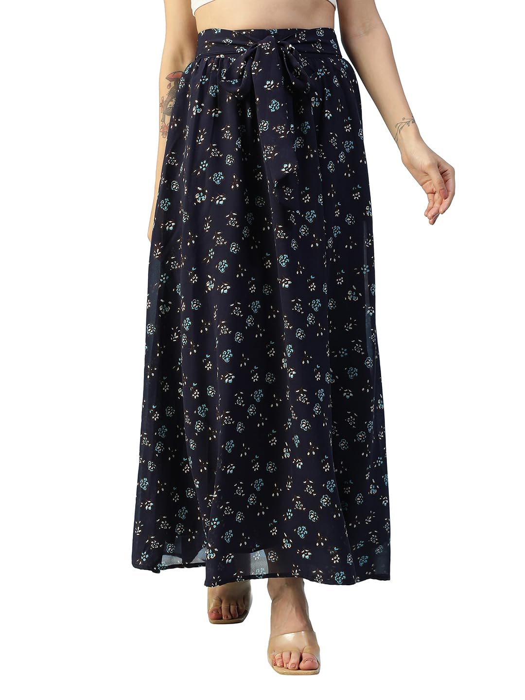 Women Floral Print Elasticated Waist with Tie-Up Belt Long Skirt-image-32