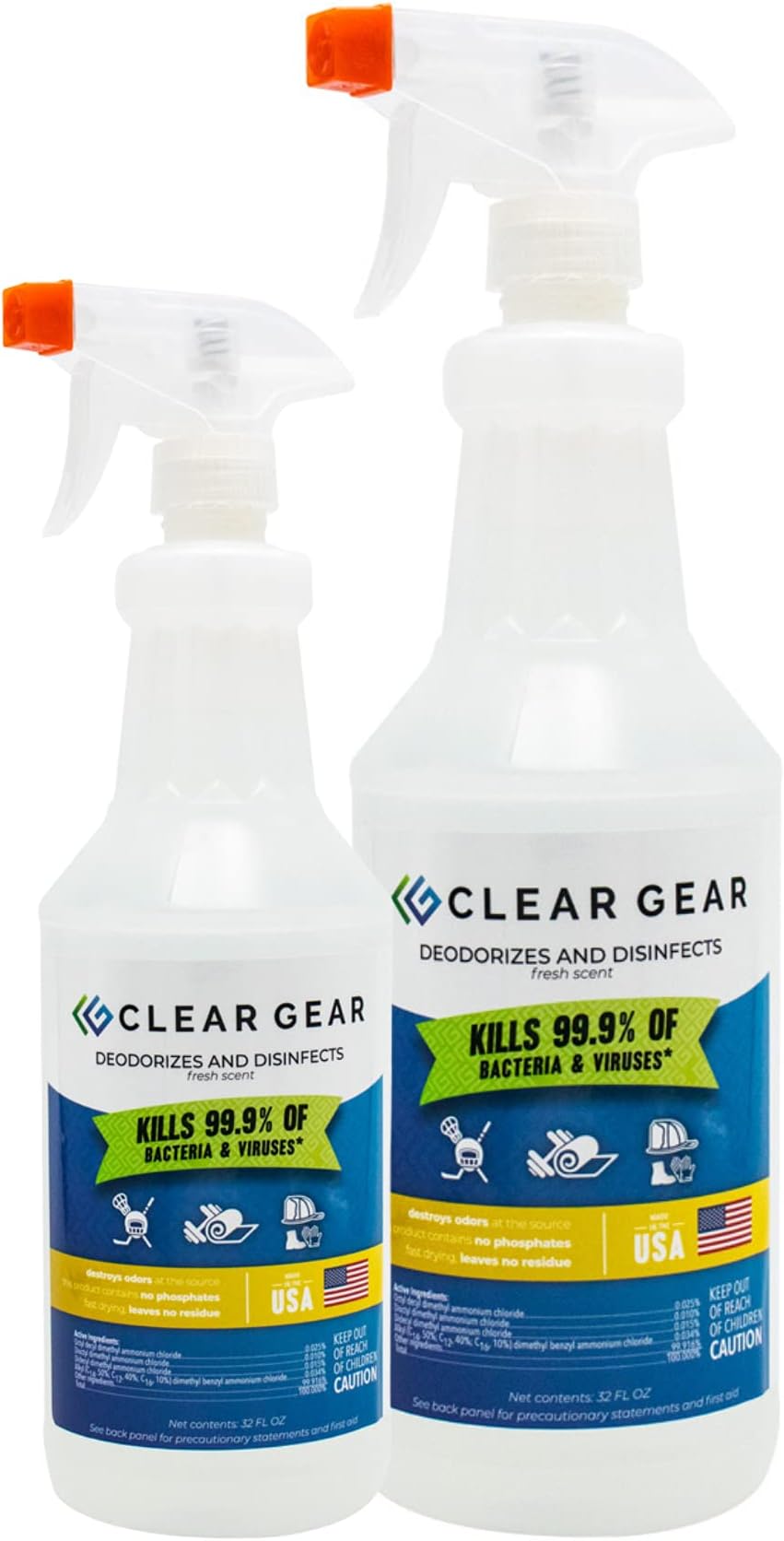 Clear Gear Gym Disinfectant, Yoga Mat Cleaner, Deodorizer For Sports Equipment, Gyms, and Fitness Centers - Mixed Pack - 16 Oz and 32 Oz Bottle Hospital grade Disinfectant Spray Pack