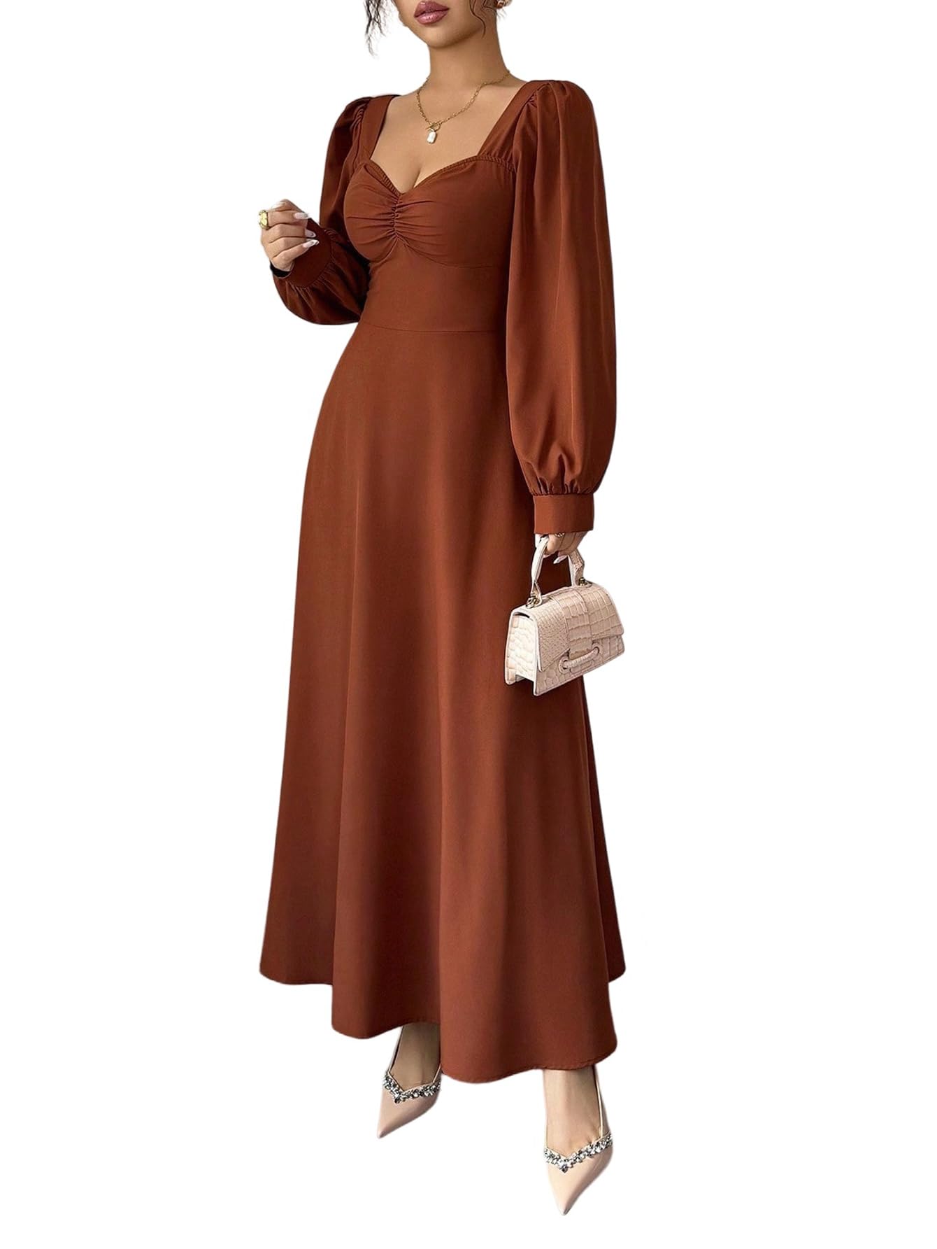SweatyRocks Winterkleider Damen Lang Maxikleid Langarm Abendkleider Elegant Hochzeitsgast Kleid A Linie Frühlingskleid Blusenkleid