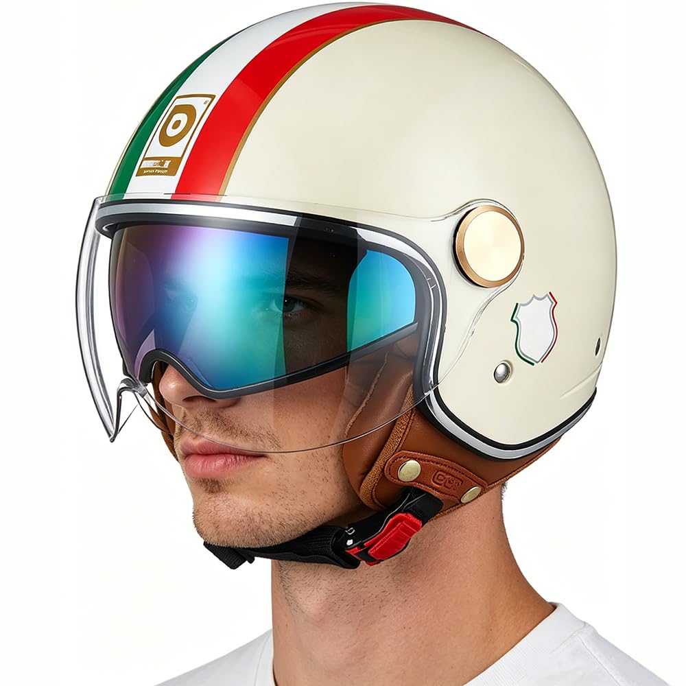 Casco Moto Abierto Scooter con Doble Visera, Cascos Jet para Hombre y Mujer Casco de Motocicleta Casco Scooter Doble Visera Homologación ECE22.05 Adulto Vintage 3/4 Casco