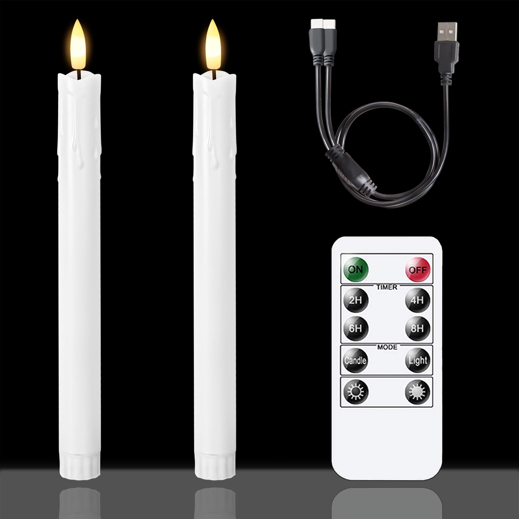 Rechargeable Flameless Taper Candles With Remote Timer – 2-Pack 0.86" X 10" LED Flickering Dripping Wax, USB Charging Included